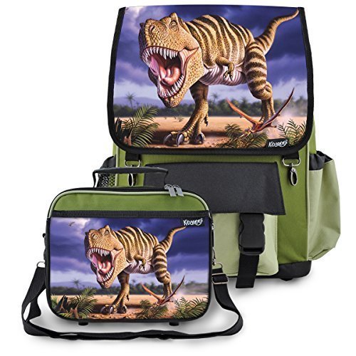 Kidaroo Striped T-Rex Dinosaur School Backpack & Lunchbox for Boys, Girls, Kids