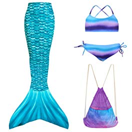 Play Tailor Girls Mermaid Tails for Swimming with Bikini and Backpack 4PCS Set