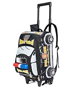 Children Toddler Kid's 2-4-6th Grade Pupils School Bag Backpack with Wheeled Trolley Hand, 3D Police car (black)